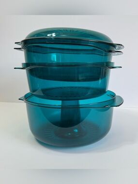 NWOT Tupperware TupperWave Stack Cooker 7-Pc Set Teal Blue